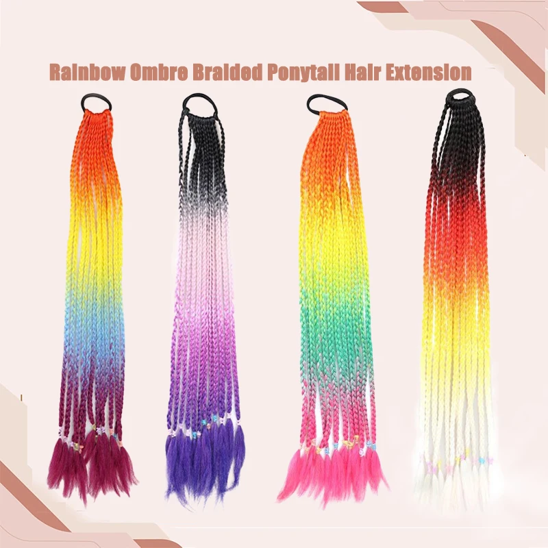 Extension per capelli a coda di cavallo intrecciata Rainbow Ombre per donna, 12 trecce sintetiche colorate con elastici per capelli - immagine 3