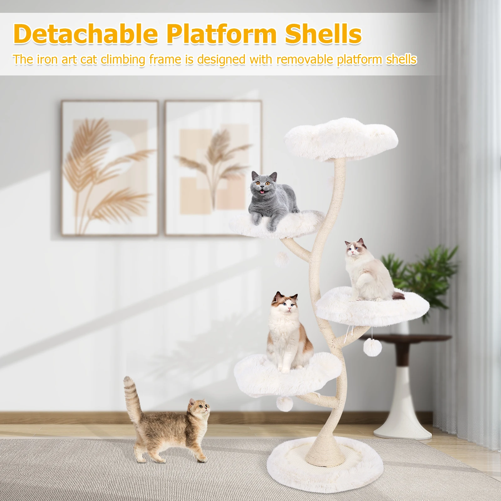 Integrated Multi-Layer Cat Shelf with Bed Freestanding Cat Tower Tall Tree for Scratch Lookout and Play
