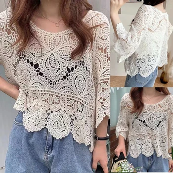 Camicetta allentata estiva da donna all'uncinetto Top pullover floreale lavorato a maglia scavato per vestito 1