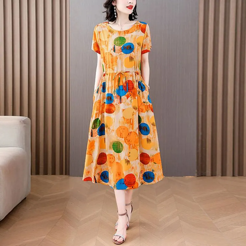 

Stylish Waist Drawstring Dresses Summer New Casual Vintage Printed Female Clothing Short Sleeve Commute O-Neck A-Line Midi Dress
