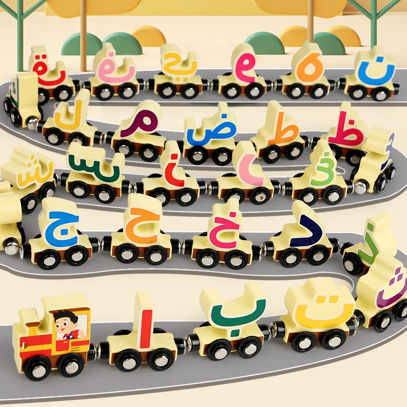Wooden Magnetic Train Toys Chlidren Educational Arabic Russian Learning Creative Railway Track Train Toys For Kids Gifts