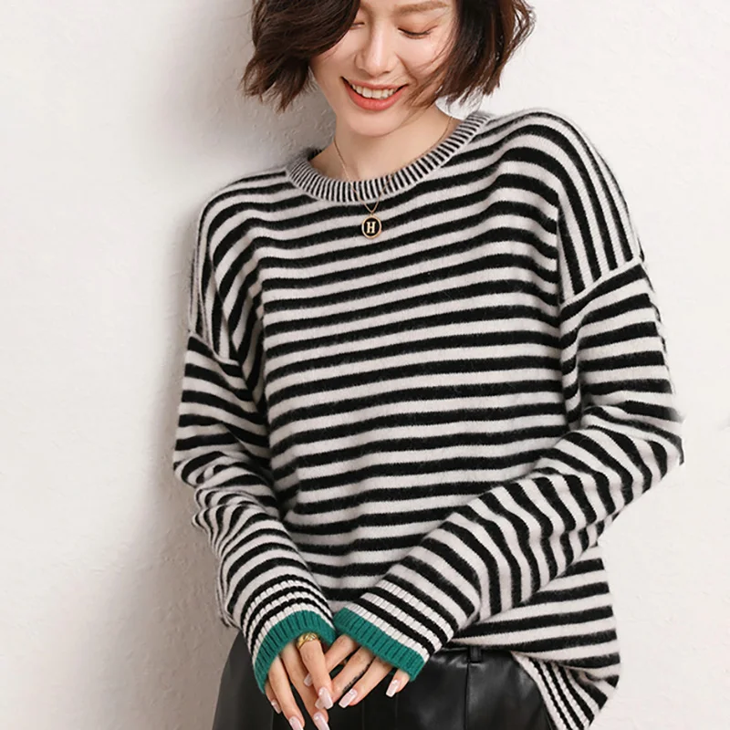 

Autumn Winter New Women's Crew Neck Stripe Loose Cashmere Shirt Versatile Pullover Warm Woolen Shirt Knitted Undercoat Sweater