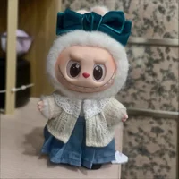 Labubu Doll Outfit 3 Piece Set Lace Knit Cardigan Denim Suspender Skirt Velvet Bow For Standing Sitting Style Labubu Plush Dolls 1