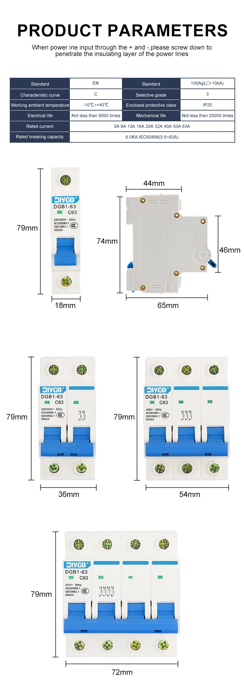 1/2/3/4P Haushalt AC MCB DGB1-63 C Typ 230/400V ~ 50/60Hz Multi-spec Miniatur Leistungsschalter Schalter 6/10/16/20/25/32/40/50/63A – Detail 11