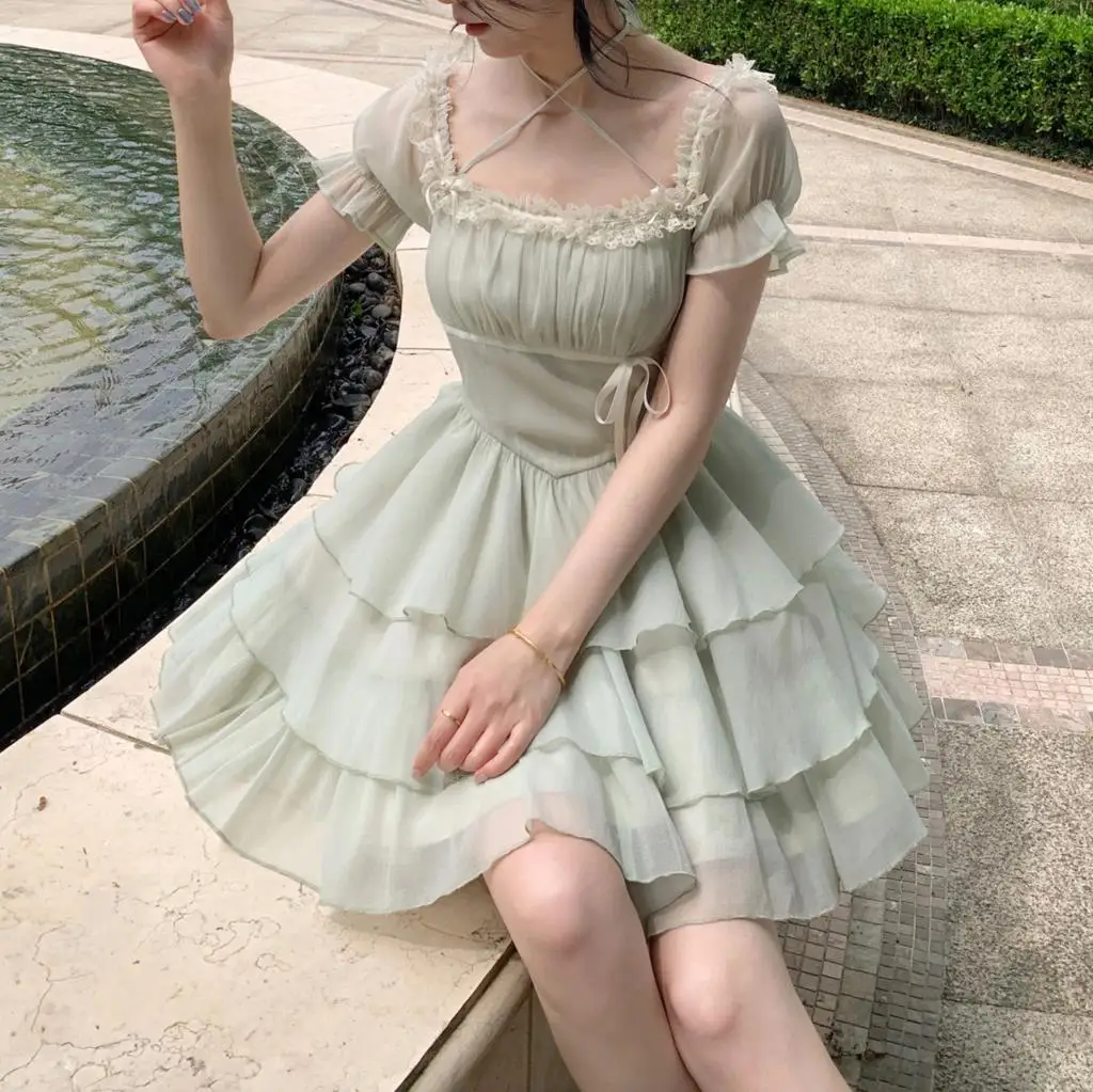 Y2K Princess Birthday Party Dress Lace Patchwork Short Dresses for Women Puff Sleeves Ruffles A-line Cake Vestido Mujer New