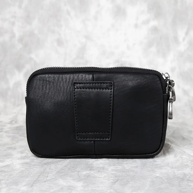 Men's Genuine Leather Horizontal Mobile Phone Bag Retro Top Layer Cowhide Simple Casual Wear Belt Double Zipper Waist Bag JLFGPJ - 2