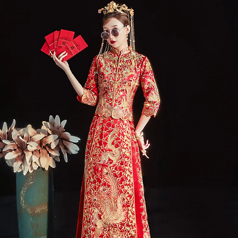 

Yourqipao Xiuhe Chinese Wedding Dresses Dragon and Phoenix Gown Women's China Ancient Bridal Dress Cheongsam Prom Party Gowns