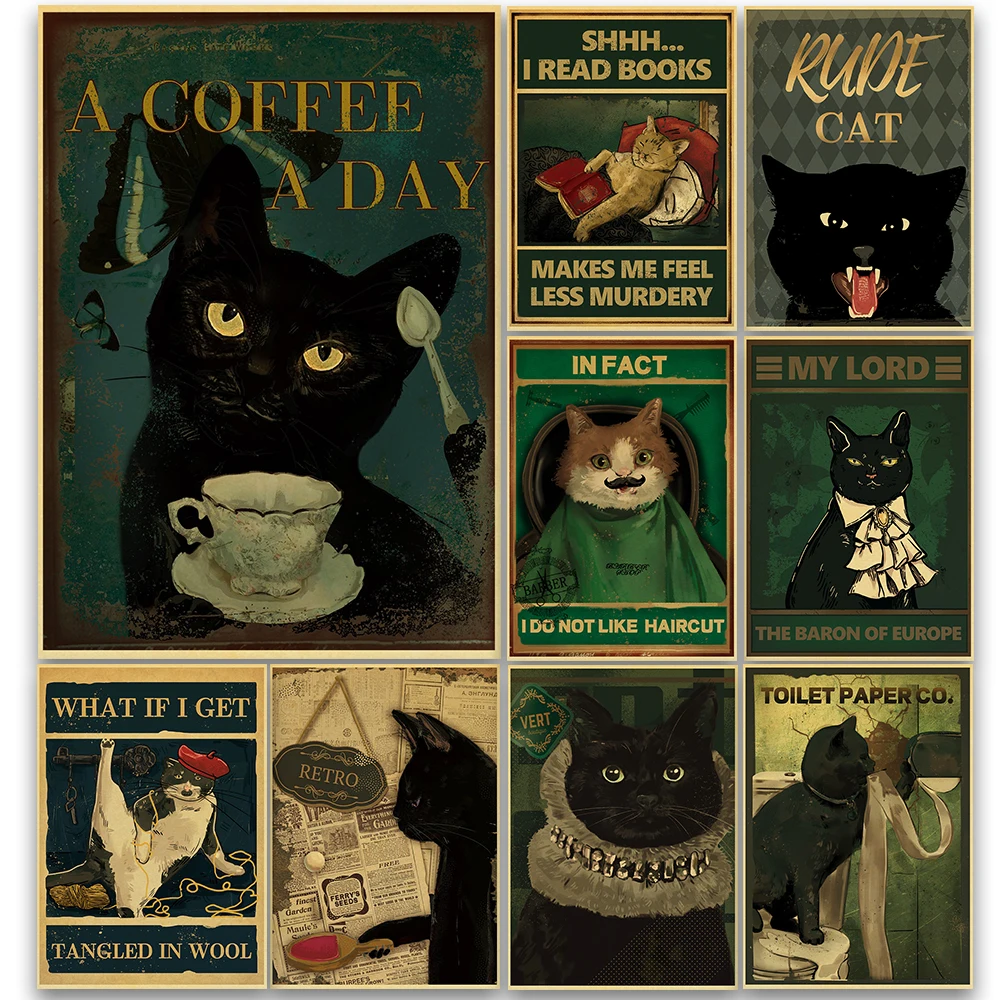 

Black Cat Nostalgia Poster Kraft Paper Prints Salon Decor Cartoon Picture 2022 Arrivals Decoration Wall Sticker Bedroom Painting