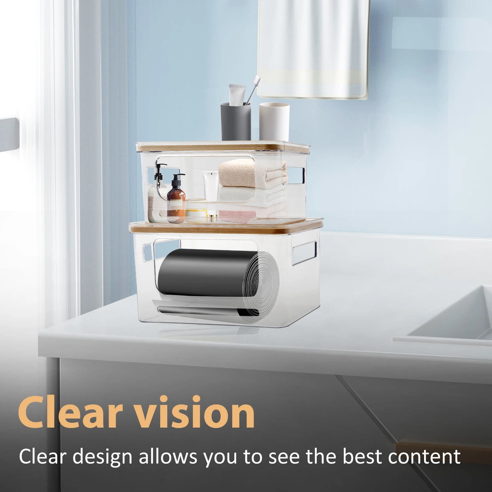 2 Pcs Transparent Trash Bag Holder with Bamboo Lid Large Capacity Laundry Room Storage Box Stackable Clear Kitchen Organizer