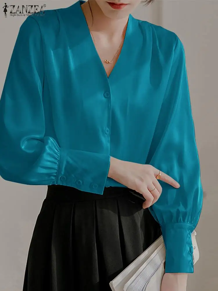 

ZANZEA Women Satin Silk Blouse 2023 Autumn Long Lantern Sleeve Tops Elegant Solid Color Shirt Office Lady V-Neck Holiday Blusas
