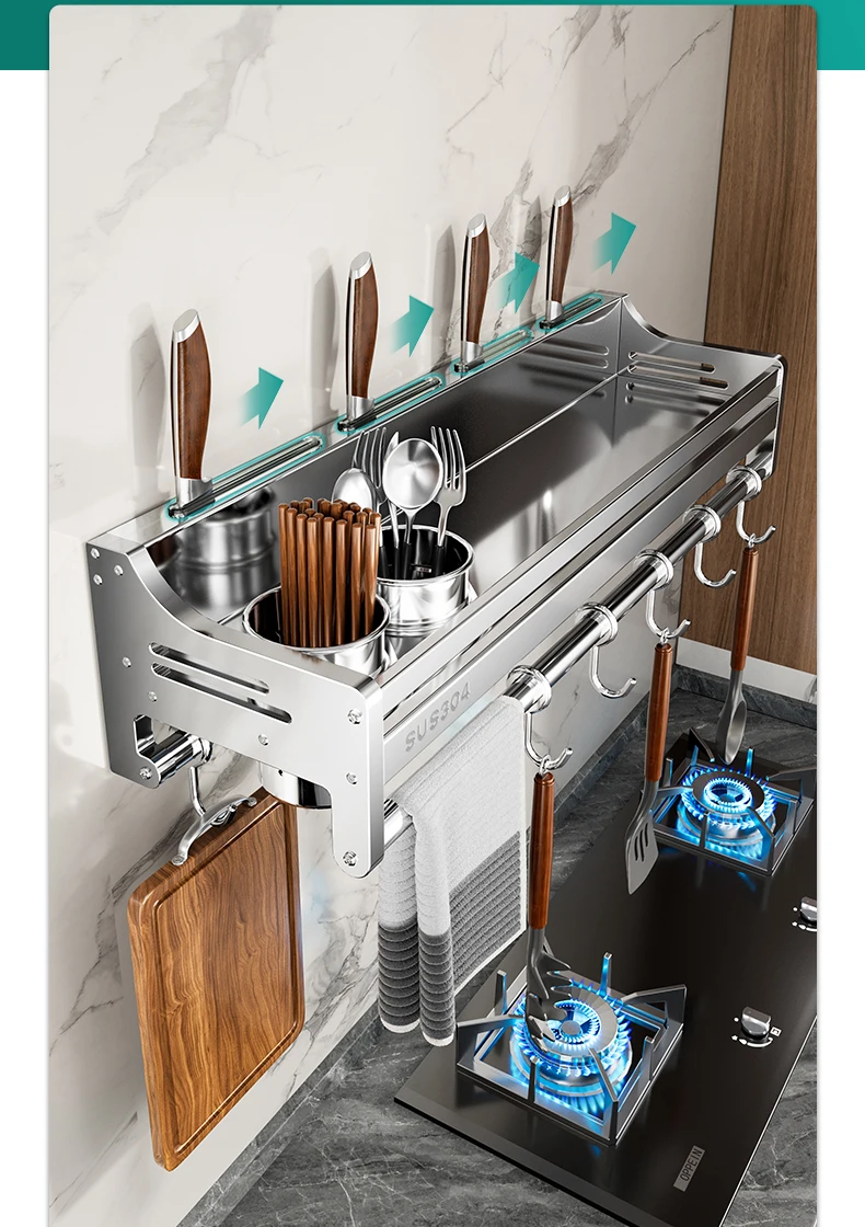 Stainless Steel Wall-Mounted Kitchen Storage Rack No-Drill Spice Shelf Knife Holder Condiment Organizer for Kitchen Counter