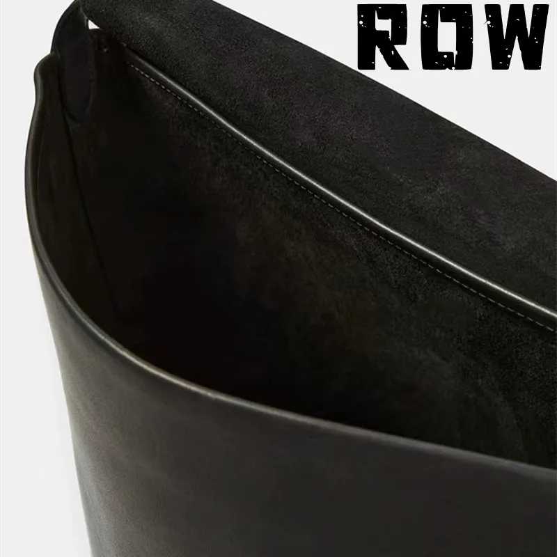 ROW2023 Women's Bag Black Cowhide Simple Flip Cap Large Capacity Nylon Drawstring Decoration Tote Bag Handbill Shoulder Bag