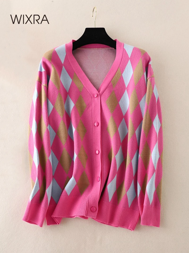 

Wixra Women Knitted Cardigan Autumn Winter Argyle Print Sweater Single Breasted V-Neck Stylish Casual Female Knitwear