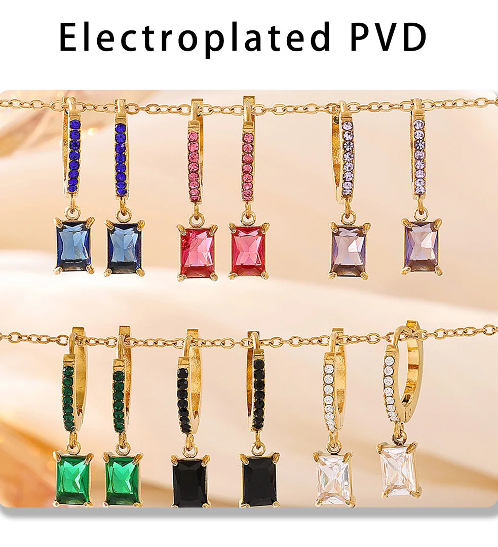 Exquisite Edelstahl Ohrringe für Frauen Quadrat Zirkon Anhänger Wasserdicht Vergoldet Luxus Ohr Hoop OL Schmuck – Detail 8