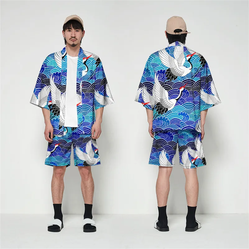 Large Size 5XL 6XL Japanese Kimono Cardigan Shorts Set Print Crane Men Women Shirt Tradition Yukata Haori Obi Cosplay Costume