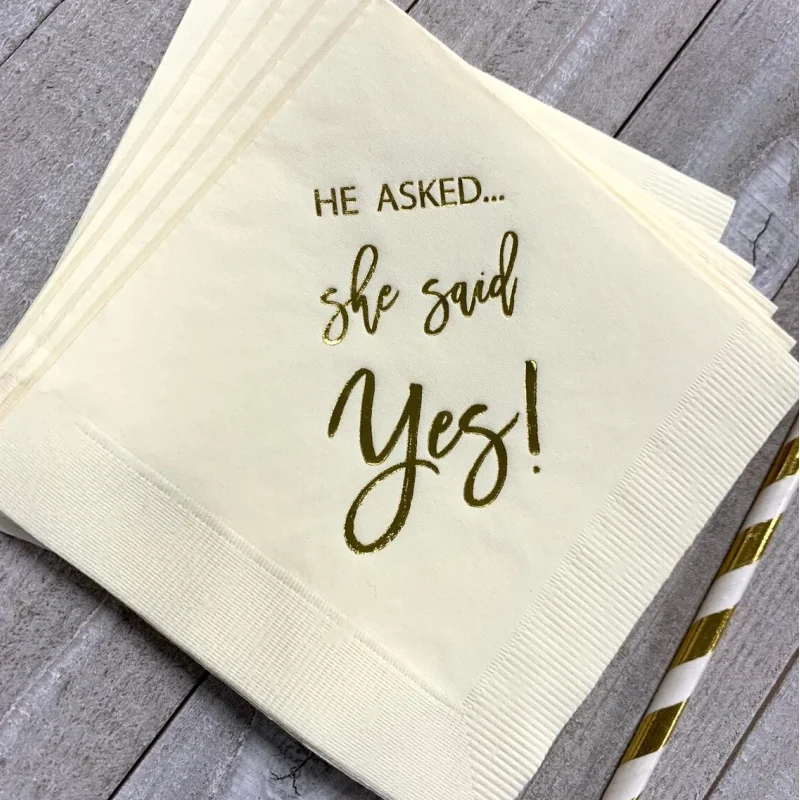 

50pcs Ivory / Ecru with Metallic Gold Foil Cocktail Beverage Napkins He Asked She said Yes Engagement Party
