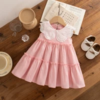 Vêtements d'été en coton pour petites filles, couleur unie, sans manches, à revers, robes de plage mignonnes pour filles 3