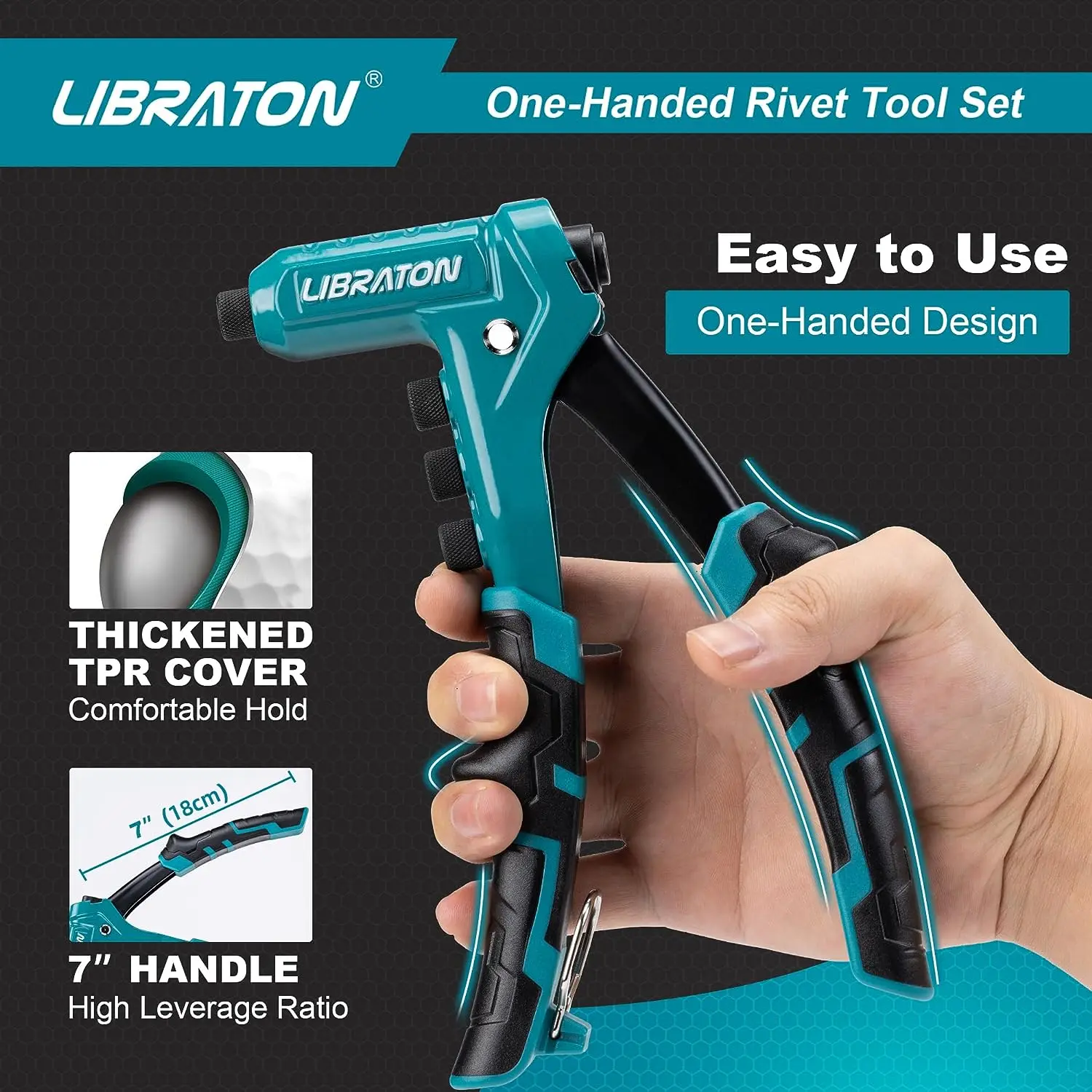 Libraton One-Handed Rivet Gun Pop Rivet Gun Set Professional Hand Riveter Manual Riveting Tool 200 Rivets Metal