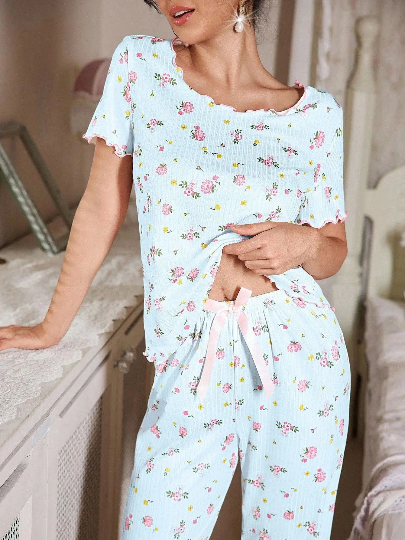 New European and American style loose-fitting women's pajamas, floral short-sleeved long pants home wear, casual two-piece set s