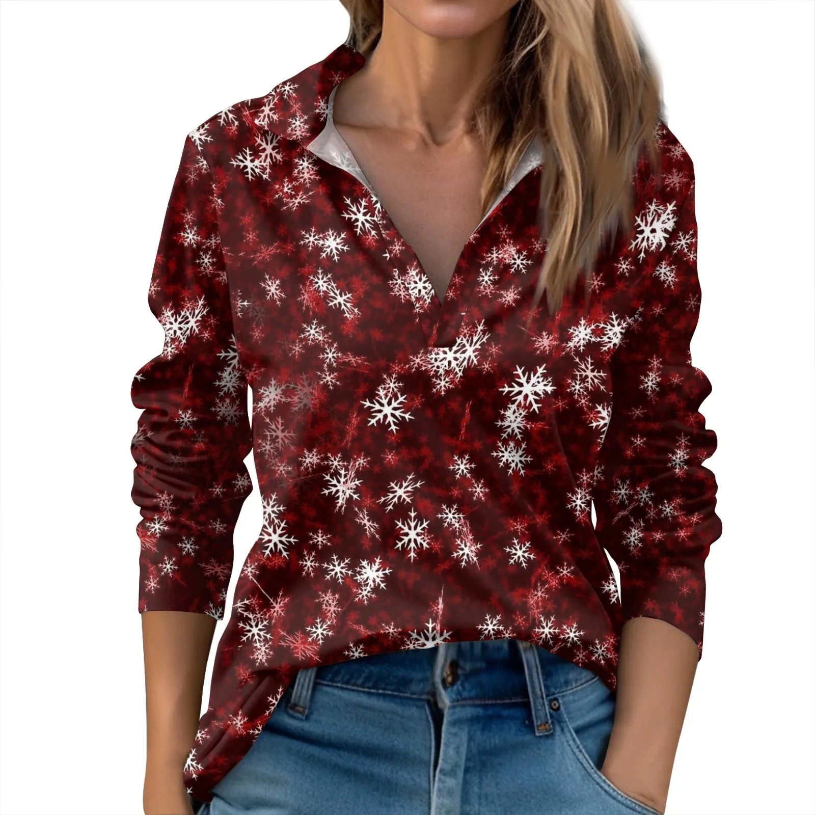 

Women'S Casual Fashion Chirstmas Printed Long Sleeve V-Neck Lapel Comfortable Pullover Oversized Spring Office Lady Basic Top