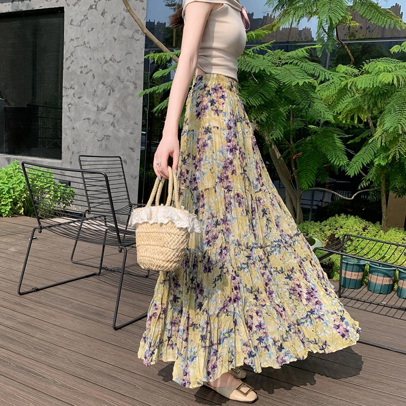 Summer Floral Print Pleated Skirt High Waist Vintage A-Line Skirt