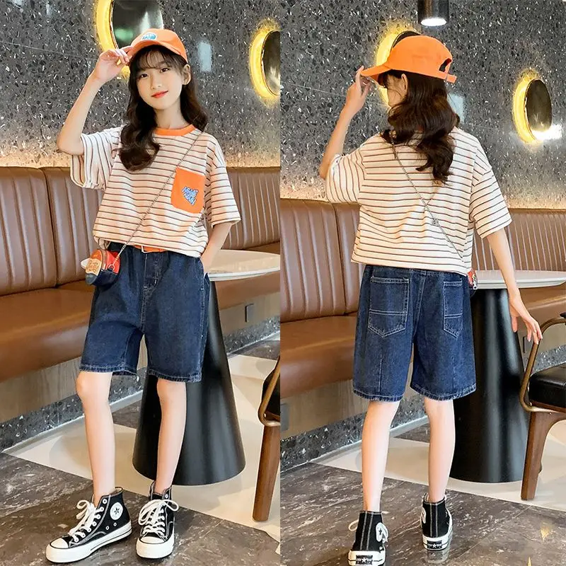 여자 여름 티셔츠 순수 코튼 스트라이프 루즈핏 반팔 탑 캐주얼 트렌디 티셔츠 큰 사이즈 여자 청소년용 부드럽고 통기성 좋은