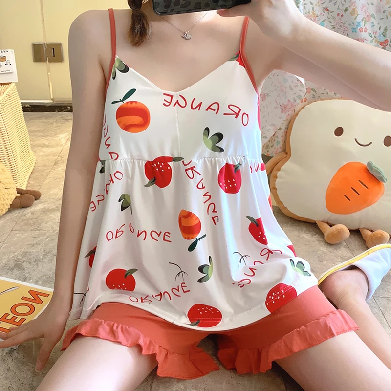 

Summer Women Sleepwear Set New Sling Shorts Sexy Pajama Set Cute Female Home Cloth Print Pyjamas with Chest Pad Nightwear Shirt