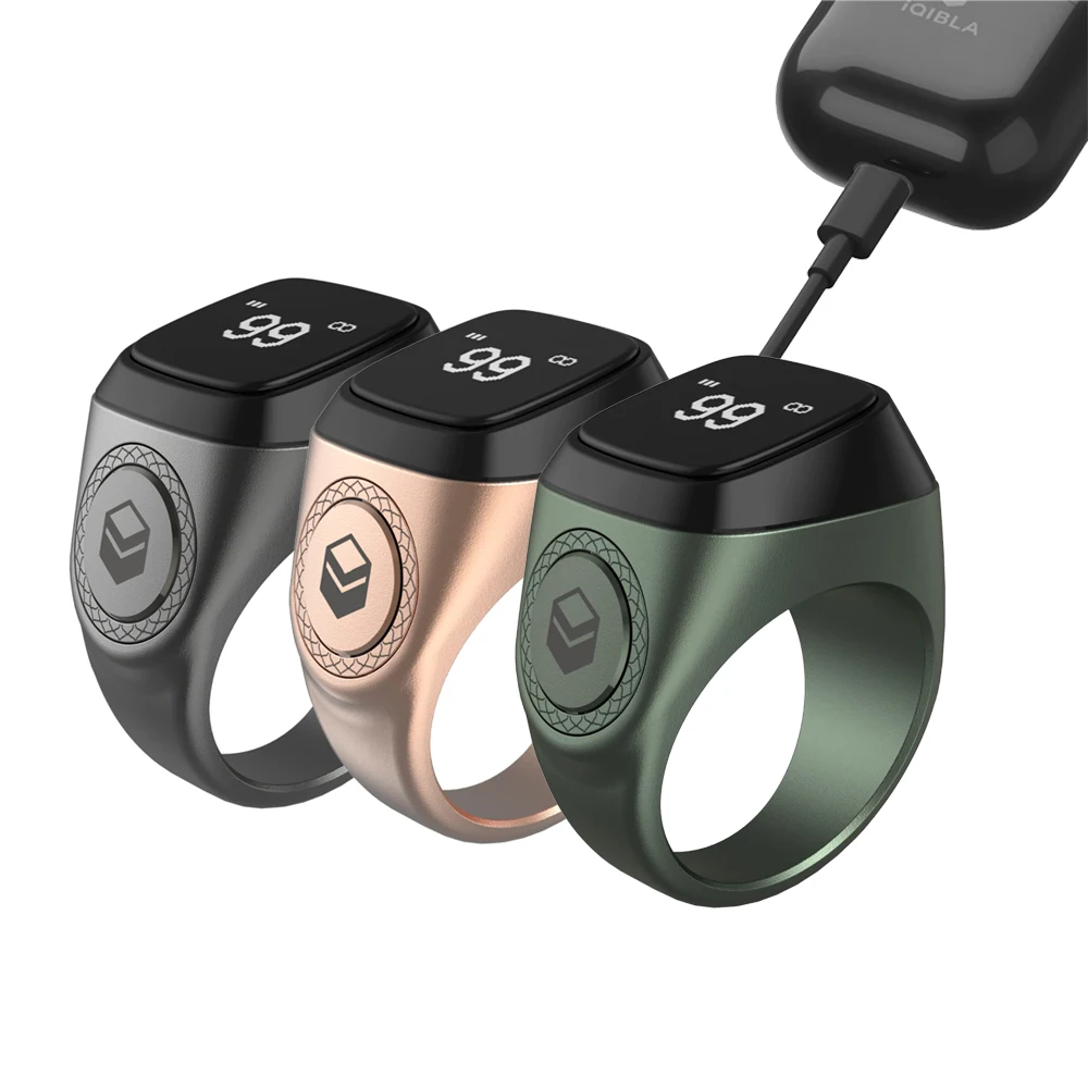 Smart Zikr Ring with Battery Charging Case Vibration Reminder APP Support