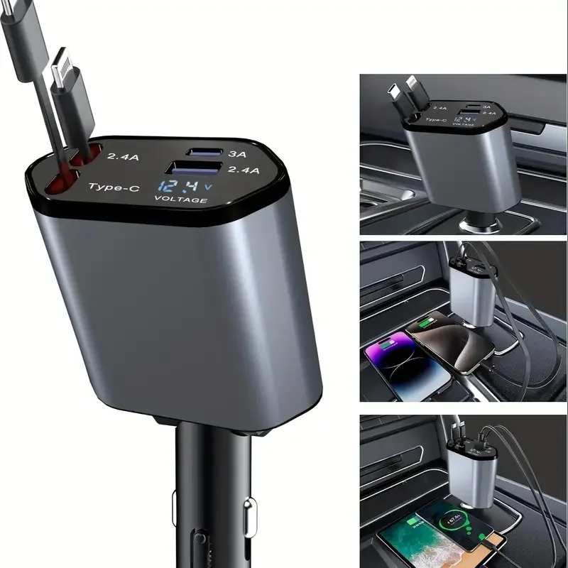 Retractable Car Charger Adapter Fast USB Type C Cable