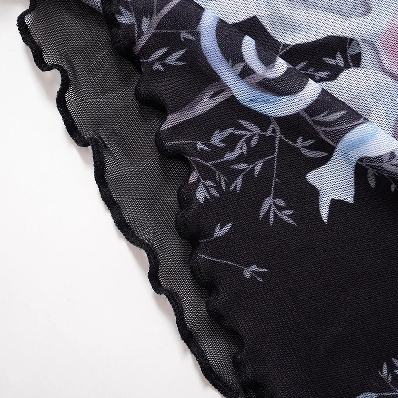 Abstract Print Graphic T Shirts For Women Clothes Y2k Accessories Mesh See Through Ropa De Mujer Bodycon Crop Top Quarter Sleeve