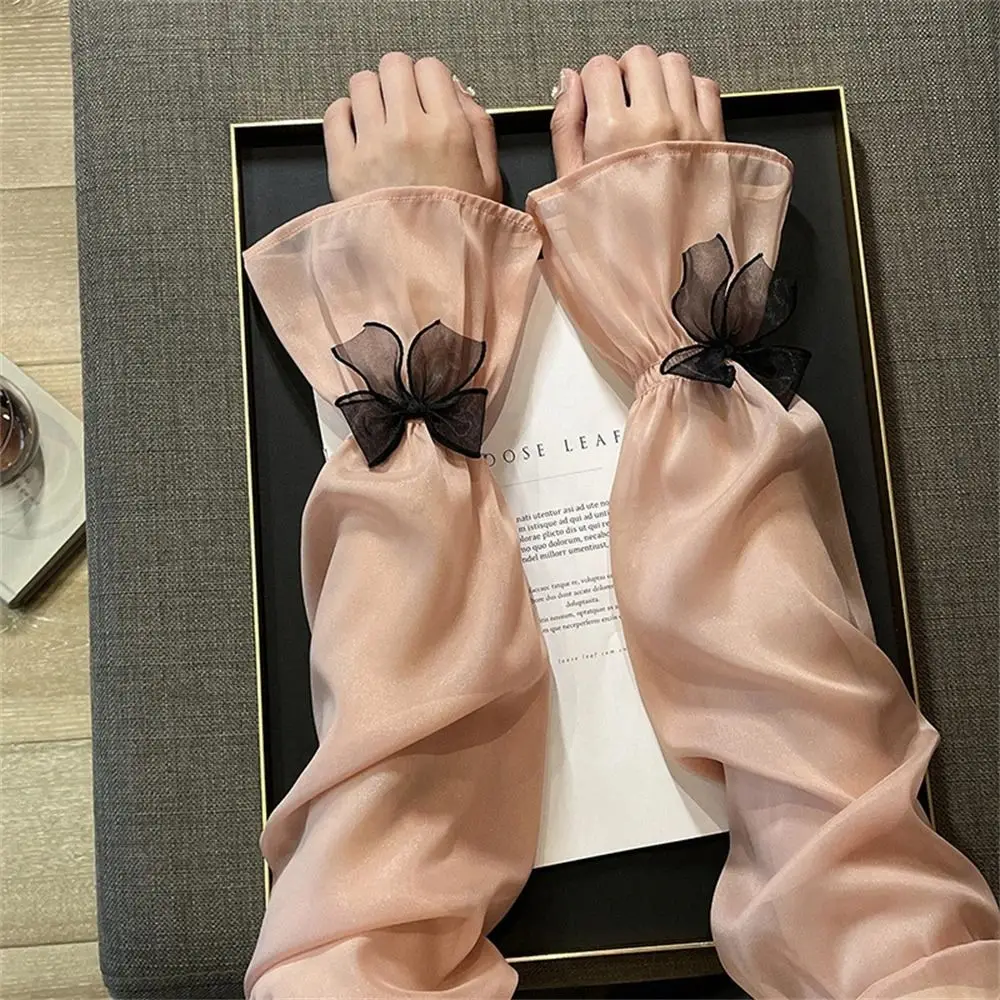 Sun Protection Long Arm Sleeves Sweet Breathable Fingerless Summer Arm Warmers Hand Sleeves Nylon Bow Ice Silk Sleeve Outdoor