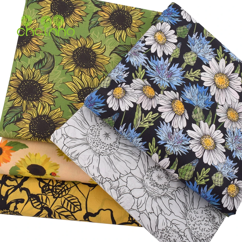 Chainho,Printed Plain Weave Poplin Cotton Fabric,DIY Quilting Sewing Material,Patchwork Cloth,Floral Series,2 Sizes,N15PC219