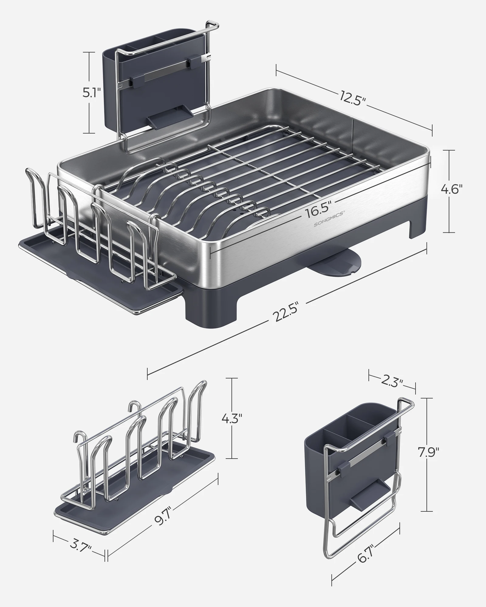 SONGMICS Large Dish Drying Rack, Premium Stainless Steel Dish Rack with Rotatable Spout, Fingerprint-Resistant Dish Drainers 6