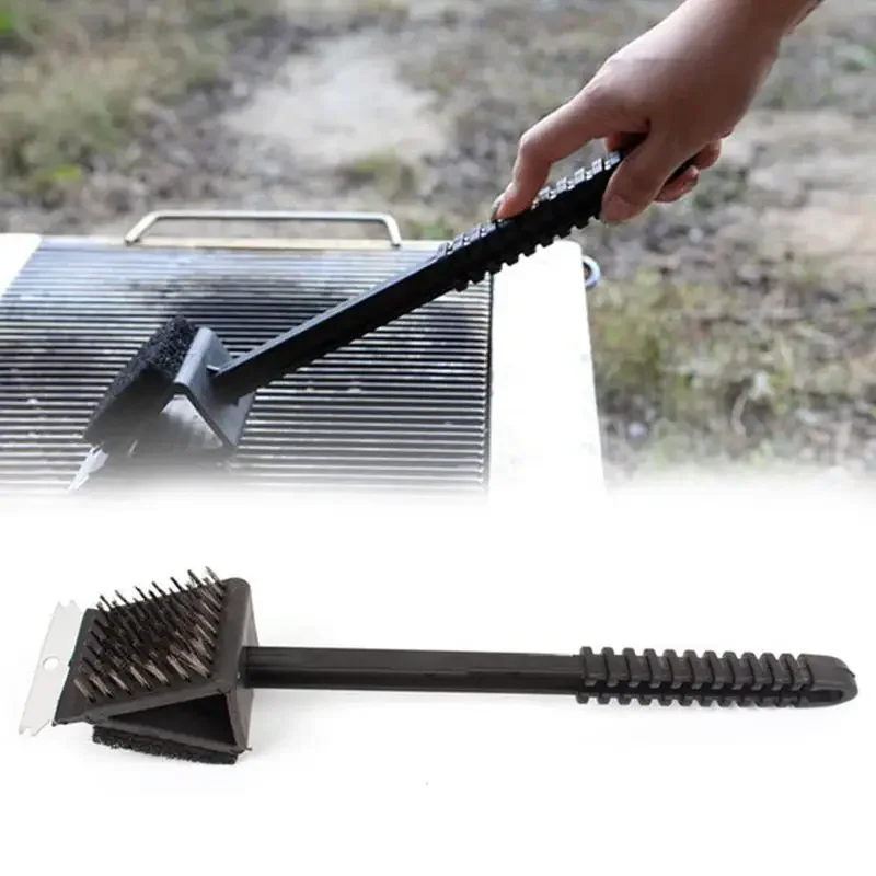 3 In 1 Corner Copper Wire Brush Barbecue Grill Oven Cleaning Bbq Brush Copper Wire Sponge Shovel Long Handle