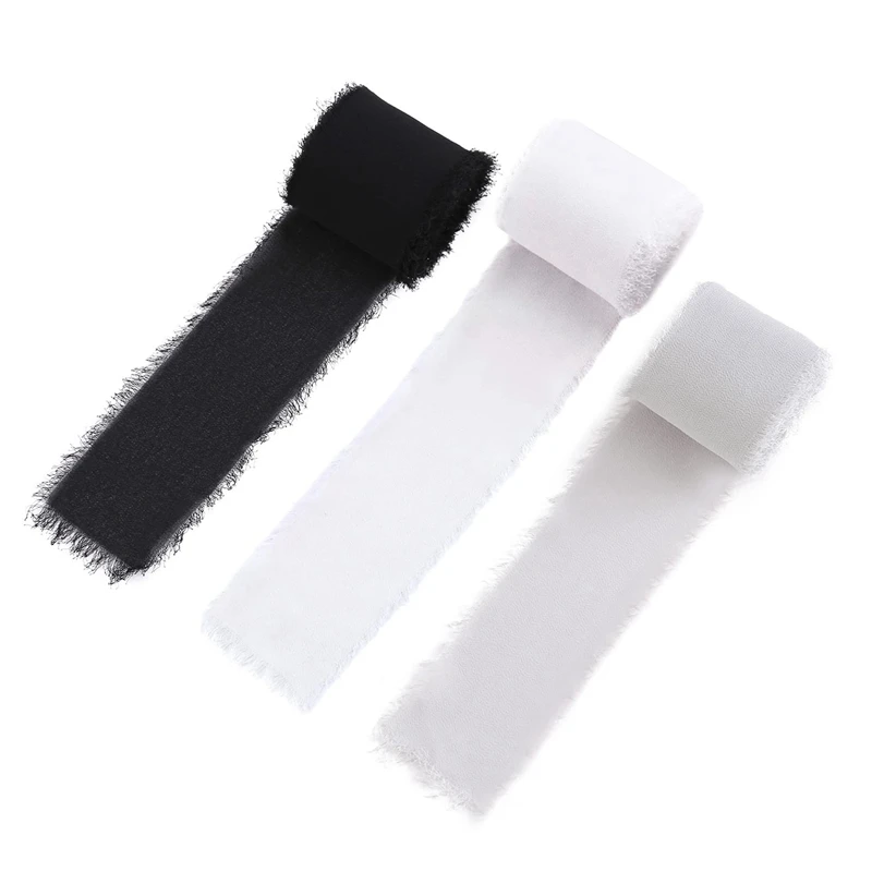 

3 Rolls 2Inch X 7Yd Handmade Fringe Chiffon Silk Ribbon, Frayed Edges Ribbon For Wedding Invitations, Gifts Wrapping