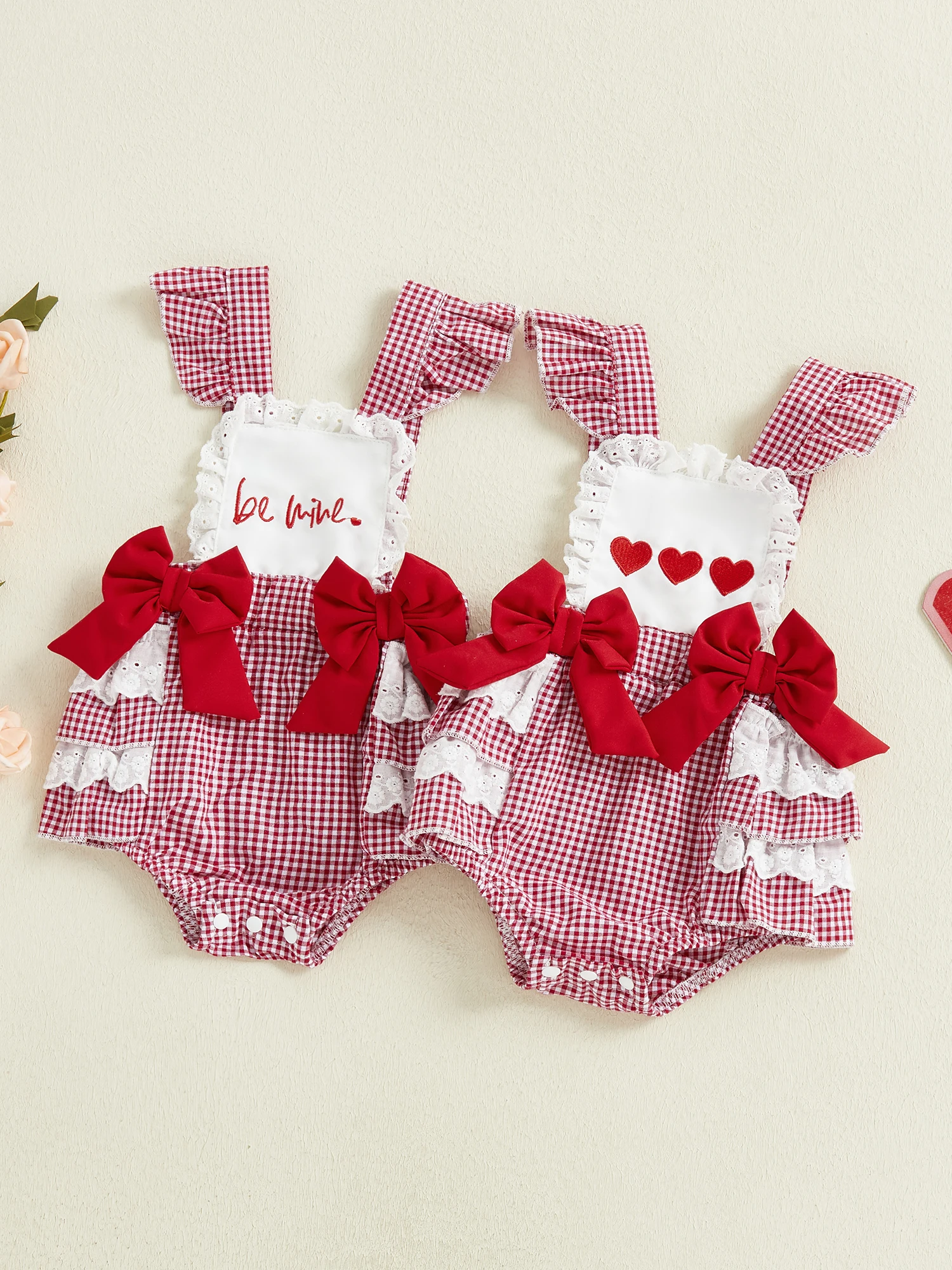 Adorable Infant Girls Rompers with Sleeveless Design Square Collar Ruffled Details Embroidered Letters and Bow Accent -