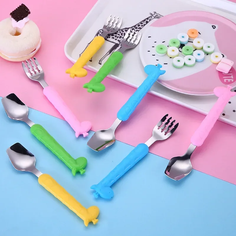 

Stainless Steel Children's Spoon Cartoon Giraffe Baby Eating Spoon Fork Set Kindergarten Mother And Baby Store Gift Tableware