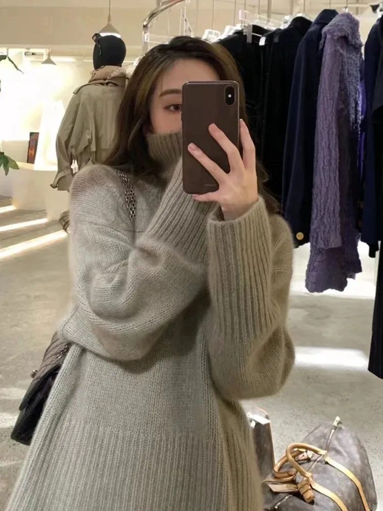 2024 Autumn/Winter New 100% Cashmere Wool Turtleneck Sweater Women's High Neck Knit Pullover Soft Comfortable Top Loose Jumper 5