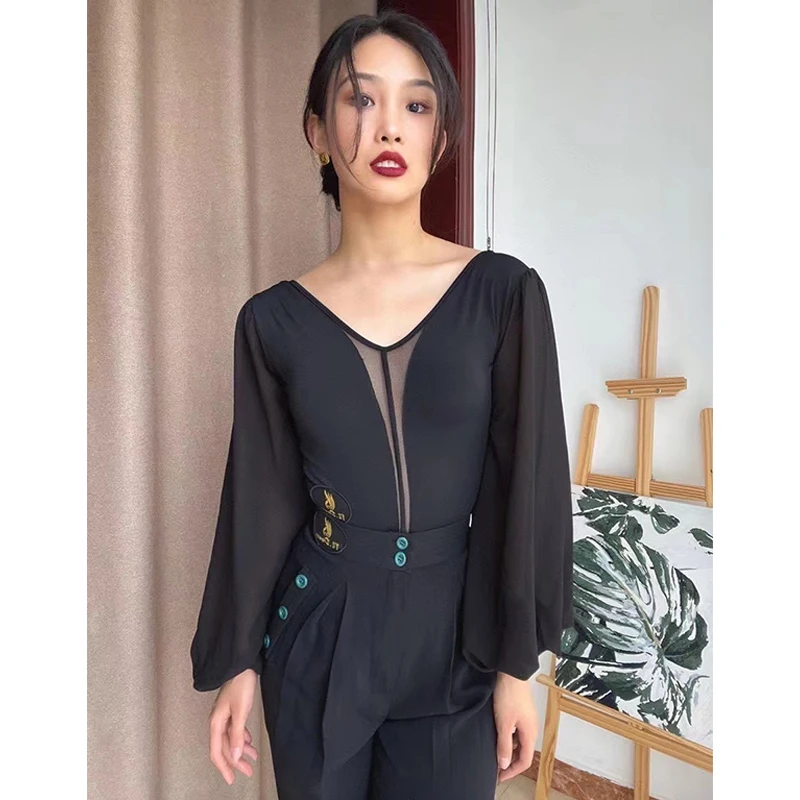 New Latin Dance Clothes V Neck Black Bodysuit Bishop Sleeves Ballroom Dance Performance Tops Rumba Waltz Costume BL10870