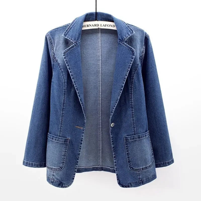 Womens Denim Suit Jacket New Spring Autumn Korean Pocket Jeans Outwear Female Slim One Button Long Sleeve Denim Blazers Coats