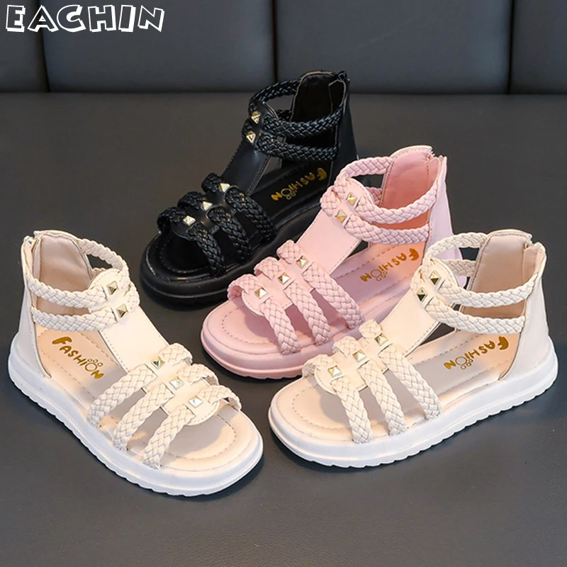

Girls Sandals Summer New Kids Roman Sandals Children Gladiator Shoes Soft Leather with Dots Flats Teen Non-slip Beach Shoes