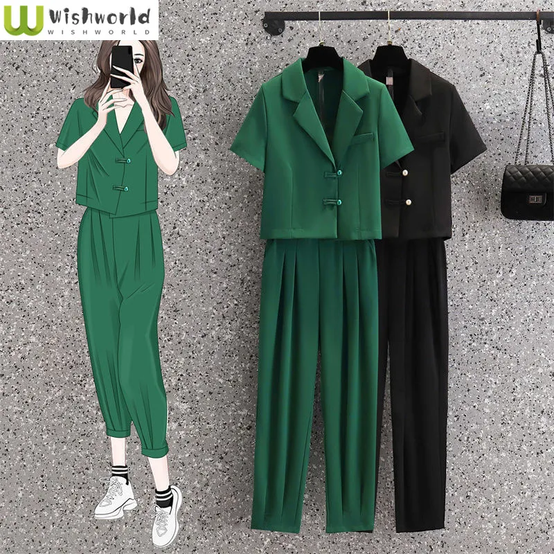 2024 Summer New Short Sleeved Suit Casual Cropped Pants Two-piece Set for Slimming Temperament Women's Trend Set