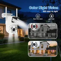 Caméra de sécurité domestique à double objectif 4MP, caméra de surveillance extérieure WiFi 2,4 GHz avec 355 °   Caméra Pan-Tilt, vision nocturne couleur, détection de mouvement, audio bidirectionnel, étanche IPX5, pour jardin/bureau/ferme 3