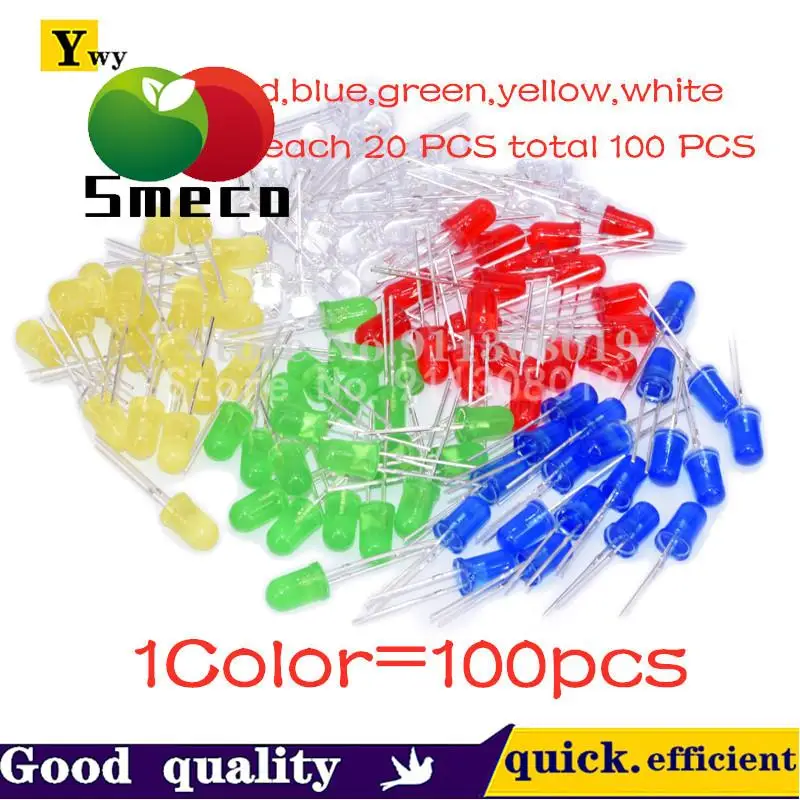 

5 цветов * 10 шт. = 50 шт., 3 мм фотодиоды, стандартный набор, белый, желтый, красный, зеленый, синий, каждого из 10 компонентов