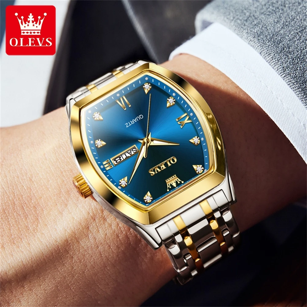 OLEVS Brand New Fashion Tonneau Dial Quartz Watch Men Stainless Steel Waterproof Week Date Mens Watches Top  Luxury Wristwatches