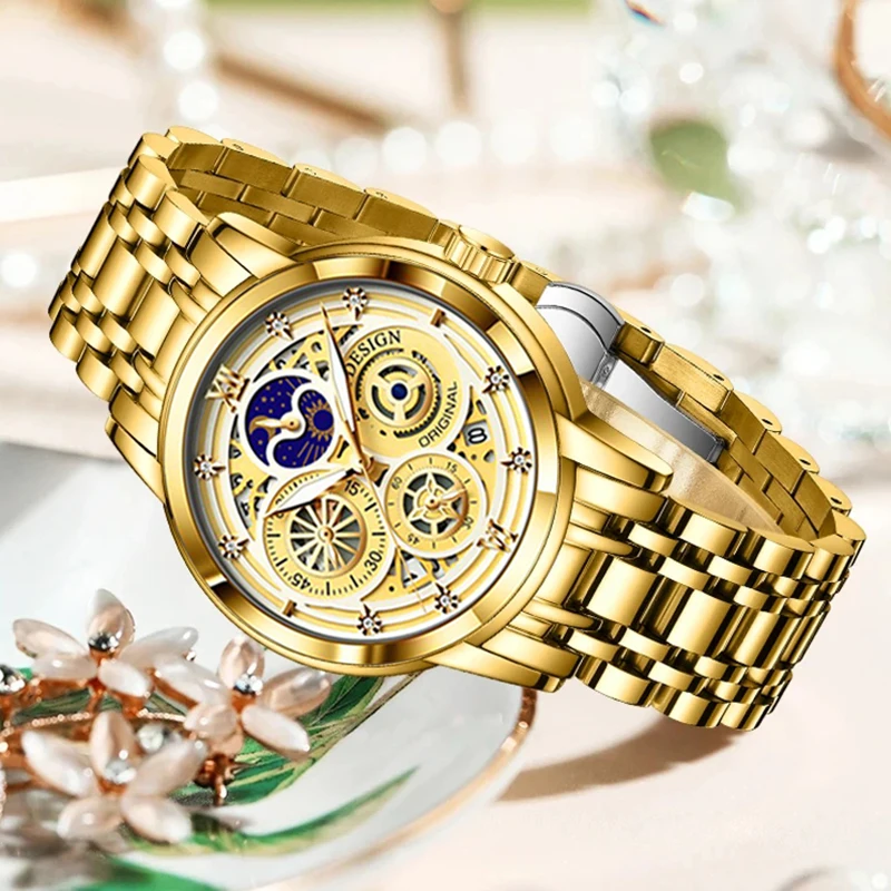 Reloj de mujer de lujo Lige Brazalete de acero dorado resistente