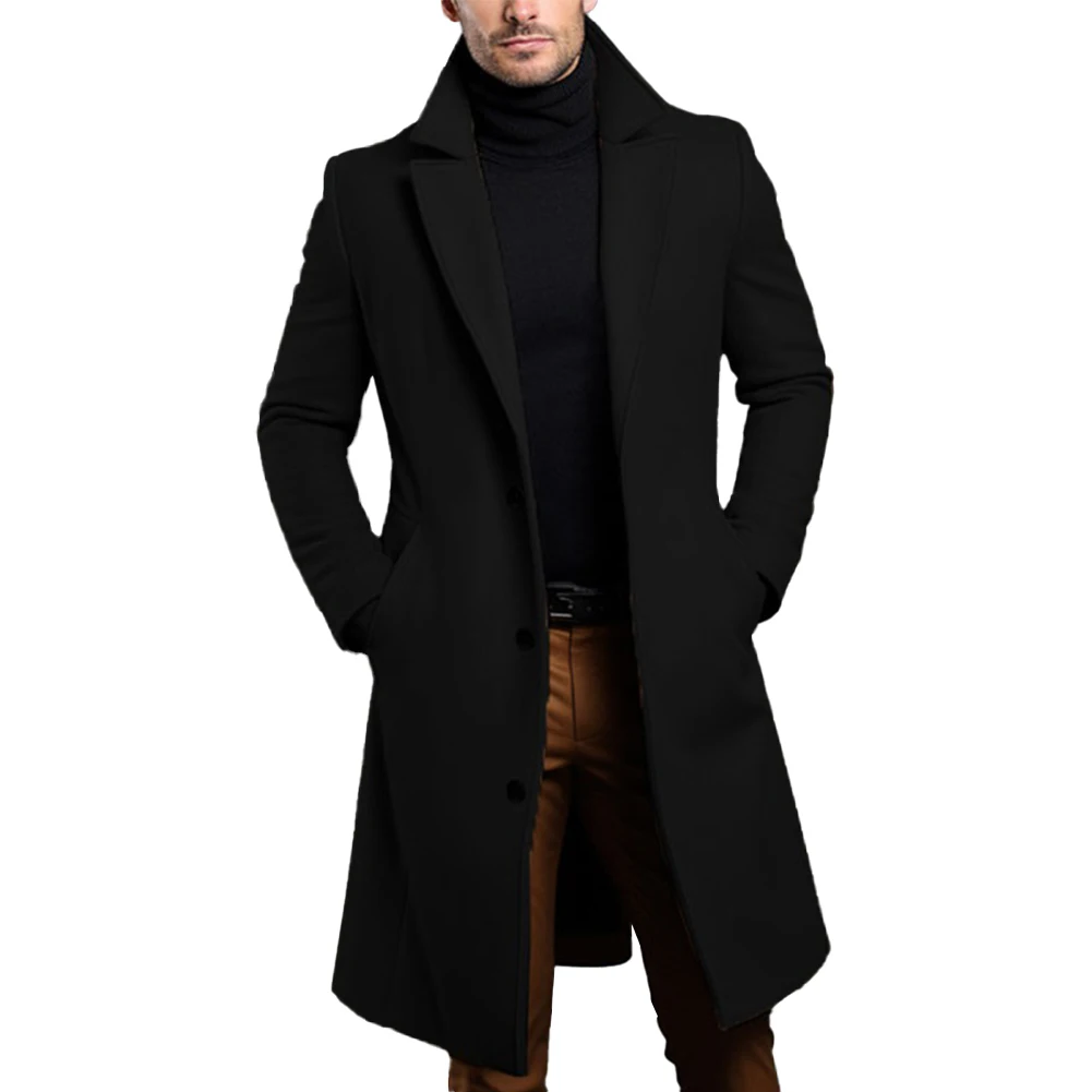 Men Atutumn Winter Long Warm Wool Trench Coat Solid Single Breasted Luxury Wool Blends-Overcoat Thermal Tops Coats Clothing