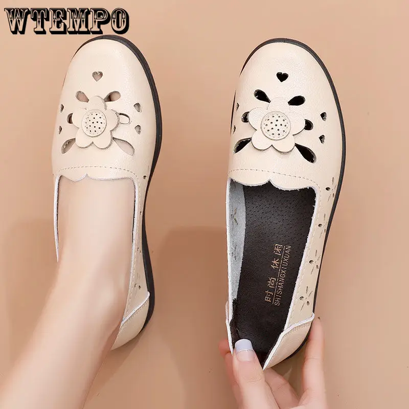 

WTEMPO Soft Bottom Floral Leather Shoes Flat Hollow Breathable Ladies Sandals for Women Comfy Footwear Wholesale Dropshipping