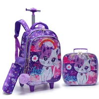 3PCS set Rolling Backpack For Girls, Cute Cartoon Cat Sequin Wheeled Bookbag For Elementary Students, With Lunch Box And Pen Bag 6