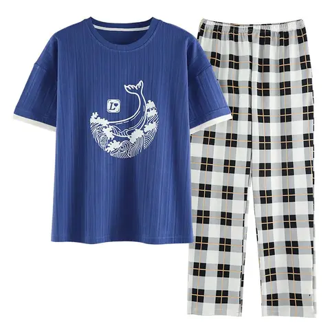Women Pajama 2 Pcs Sets Cotton T-shirt Elastic Waist Ankle Length Pants Cartoon Plaid Sweet Home Clothes Can wear Outside